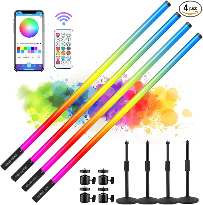 4Pack Smart APP Control 4ft RGB Neon Tube Light Bar Stand 5000mAh Rechargeable Magic LED Mood Light Stick Full Color 2700-6500K CCT for Video Shooting Wedding Dance DJ Stage Party Event