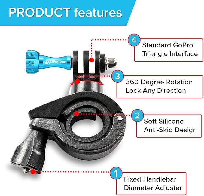 MiPremium Bike Handlebar Pole Mount for GoPro Hero 13 12 11 10 9 8 7 6 5 4 3 2 Black Silver Session, AKASO Campark & Other Action Camera Accessories. & Motorcycle & Bicycle Clamp Mount Adapter