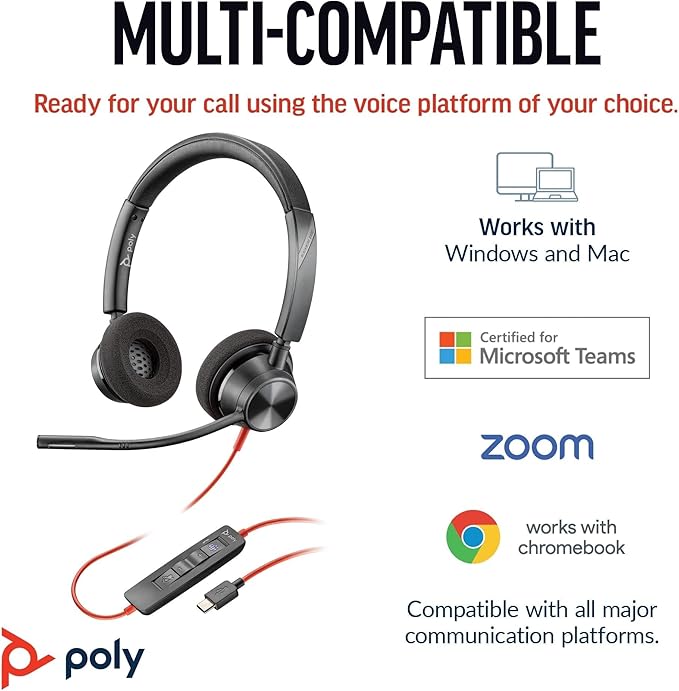 Poly Blackwire 3320 Wired Headset (Plantronics)– Flexible Microphone Boom – Hi-fi Stereo - Connect to PC/Mac via USB-C or USB-A - Certified for Microsoft Teams - Amazon Exclusive
