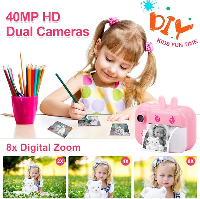 MINIBEAR Kids Camera Instant Print Camera for Kids Digital Camera Toddler Toys Christmas Birthday Gifts for 3 4 5 6 7 8 9 10 Year Old Boys Girls, Pink