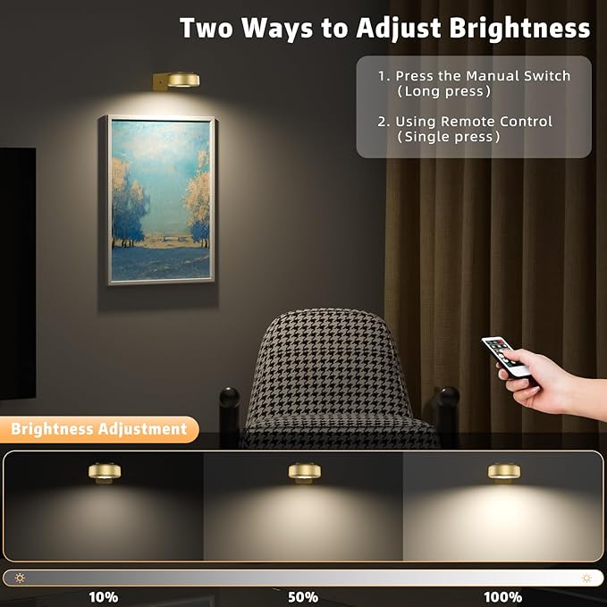 6PCS Picture Lights,3 Colors Paintings Light Rechargeable Battery Wall Light Dimmable and Timer Metal Art Light for Paintings,Display, Wall, Artwork, Gallery (Gold)