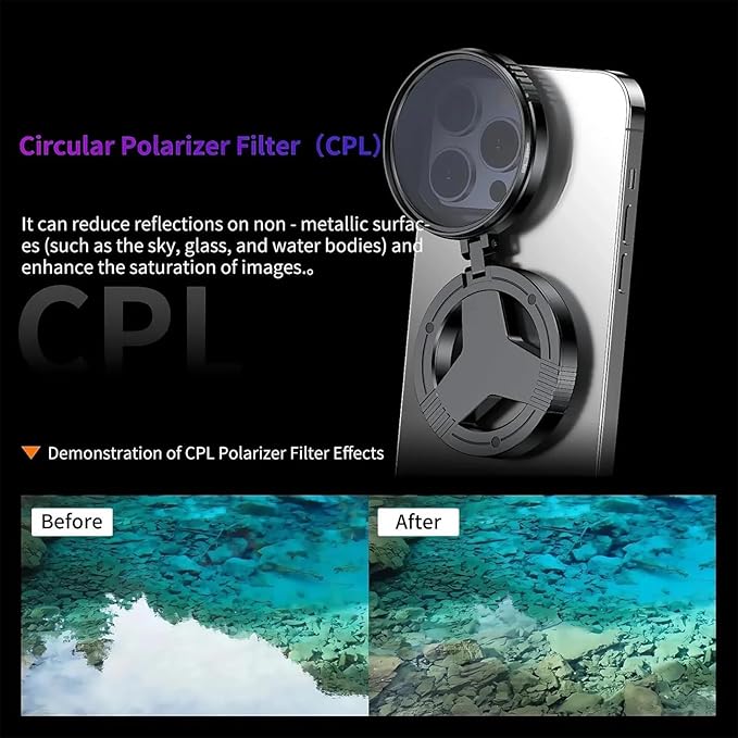 Anti-Glare Magnetic Phone Filter – Reduces Unwanted Reflections, Magnetic Phone Polarizer Cpl, Rotatable Expandable 52mm Circular Polarizer Polarizing Filter, Foldable Phone Filter Lens (1pcs)
