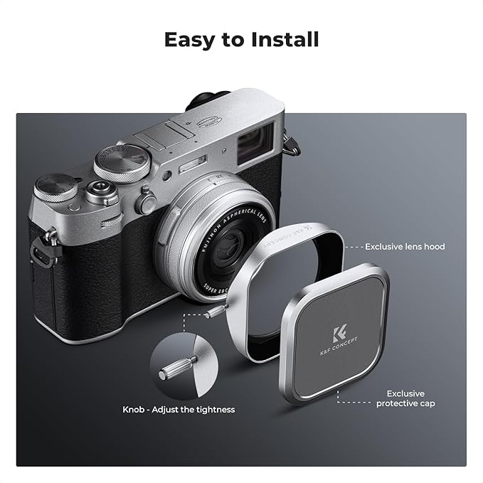 K&F CONCEPT Silver Square Metal Lens Hood Lens Cap Kit Compatible with Fujifilm X100/X100F/X100S/X100T/X100V/X100VI Camera Accessories