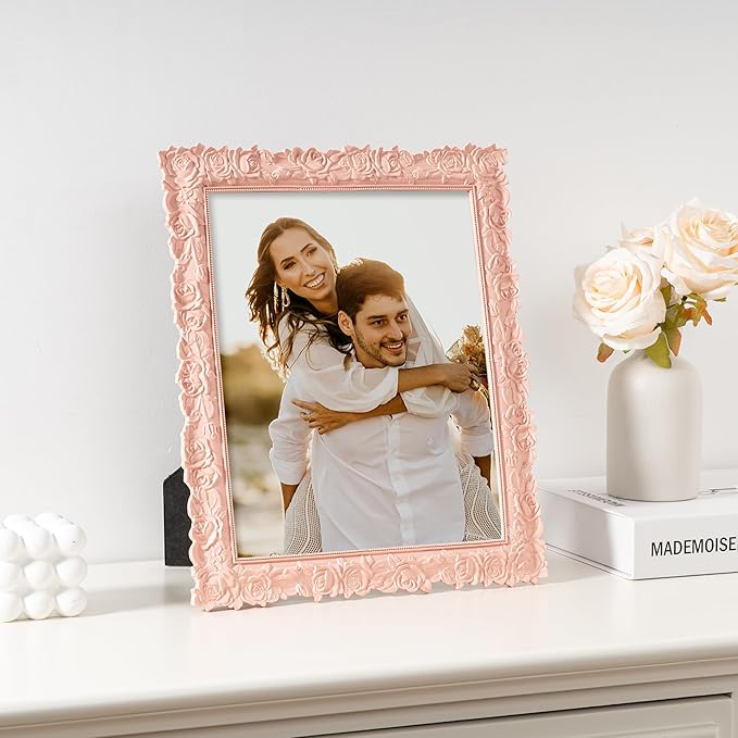 Axeman Vintage Pink Picture Frame 8x10 | 8 x 10 Antique Picture Frame with Real Glass | Ornate Pink Rose Frame 8x10 for Wall & Tabletop Display | 8 x 10 Frame