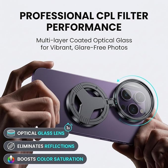 Anti-Glare Magnetic Phone Filter, 52mm CPL Polarizing Filter, Rotatable & Expandable Phone Lens Filter Kit for Shooting, Compatible with iPhone Series (1 Set)