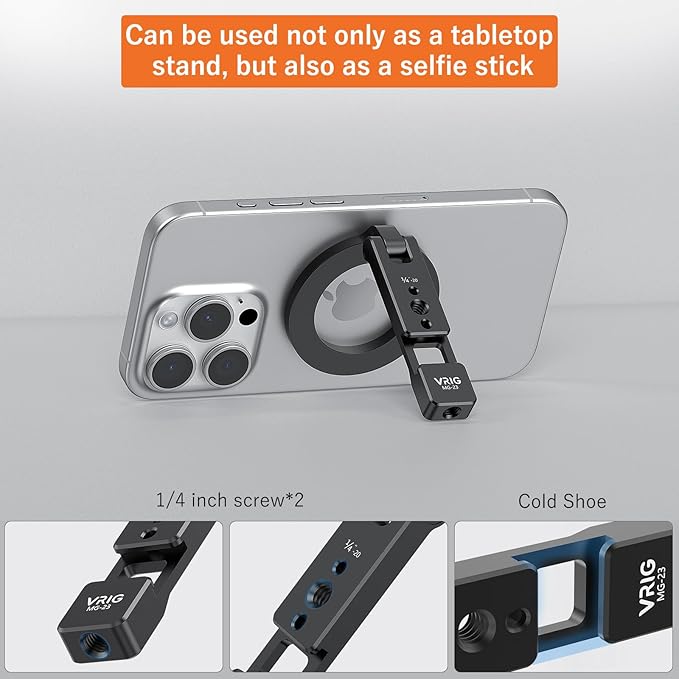 VRIG Magnetic Phone Tripod Mount for iPhone, Foldable Metal Phone Holder with Double 1/4" Screw Holes and Cold Shoe, Compatible Handles Selfie Stick Tripod Fill-Light Microphone, MG-23