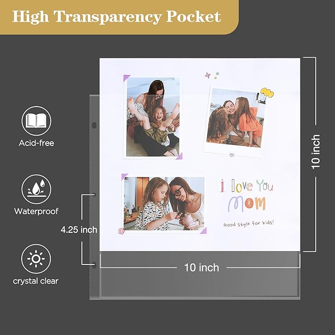 Mublalbum 10x10 Inch Large 3 Ring DIY Scrapbook Photo Album with 20 Plastic Sleeves 40 Pages Linen Cover Folder Binder for Baby Travel Wedding Anniversary and DIY Projects (Beige)