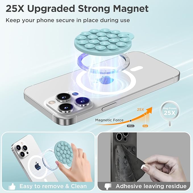 Magnetic Suction Cup Phone Mount, Compatible with MagSafe, Silicone Octo Cup Buddy Sticky Grip Holder for iPhone and Android, Removable Hands-Free Selfie/Video for TikTok, Light Cyan