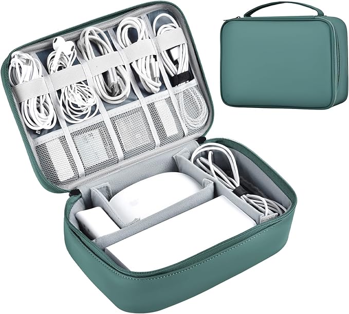 Large Capacity Electronics Accessories Organizer Travel Case with Adjustable Divider Waterproof Leather Cord Shockproof Tech Organizer Bag(Deep Green, Single Layer)