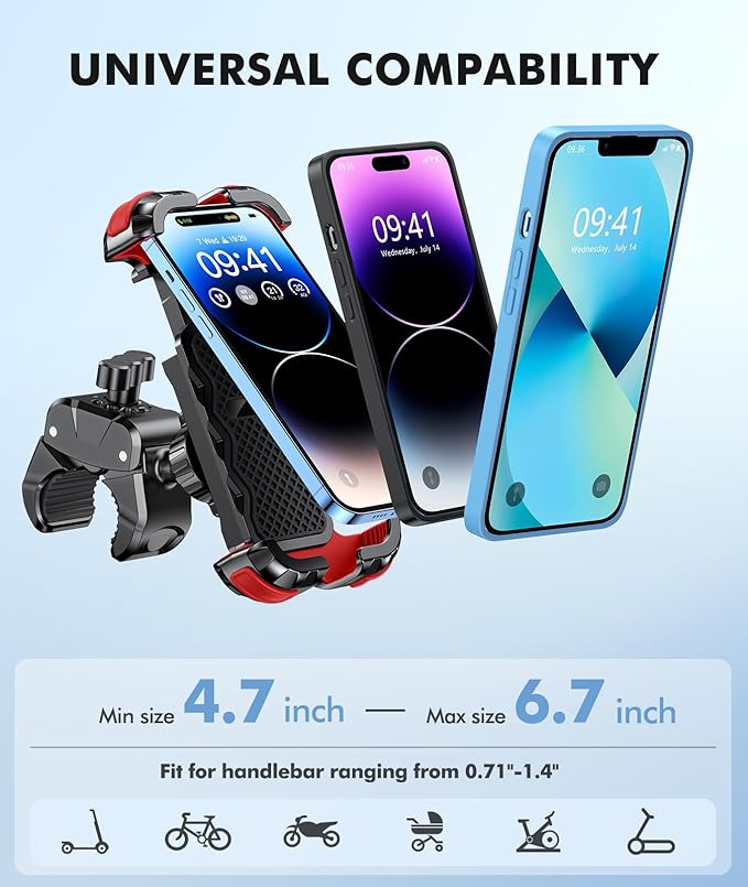 Motorcycle Phone Mount [Secure Grip][Anti-Drop], Upgrade Bike Phone Holder [1s Stable Lock], 360° Rotatable Phone Holder for Mountain Bike/ATV/Scooter, Fits for iPhone/Samsung 4.7-6.7"