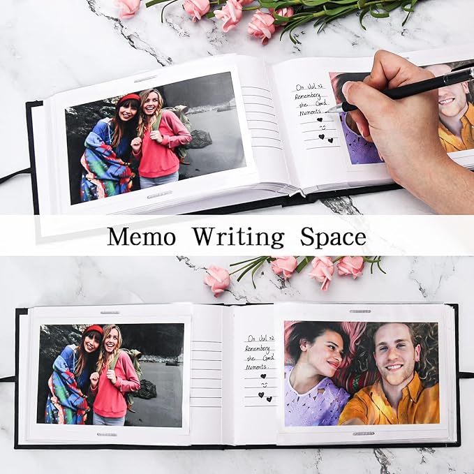 Vienrose Photo Album 4x6 50 Pockets Linen Frame Cover with Memo Areas Photobook Mini Slip-in Picture Book for Wedding Baby Vacation, Black