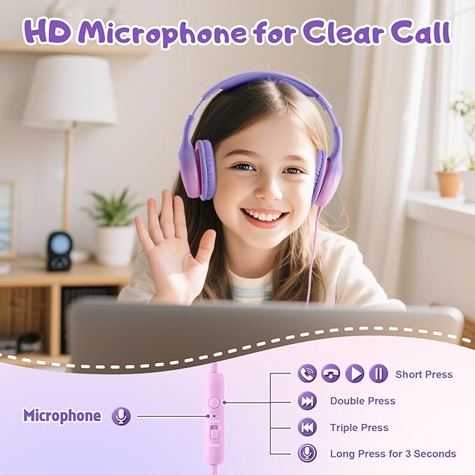 Kids Headphones, Wired Headphones for Kids with Microphone 85/94dB Volume Limit, Stereo Sound Portable Over Ear Headphones for School/Travel/Tablet/iPad, Violet Pink