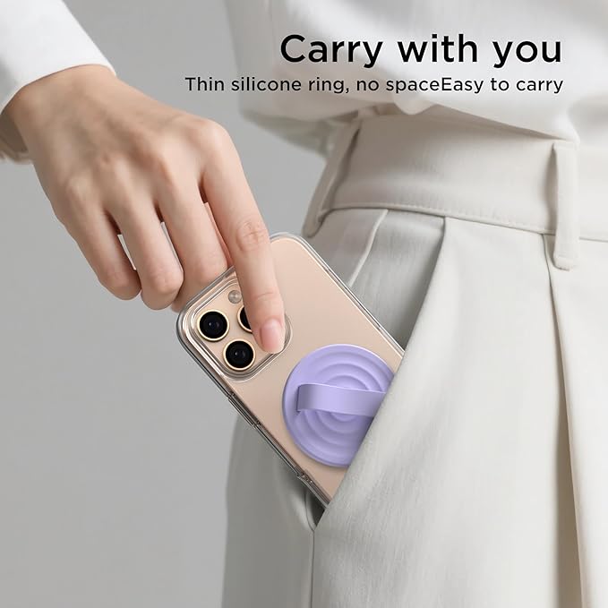 Magnetic Phone Grip Ring Holder, Liquid Silicone Magnet Cell Phone Grip Finger Loop, Compatible with Magsafe, Back of Phone for iPhone 17/16/15/14/13/12 Series, Lilac Purple