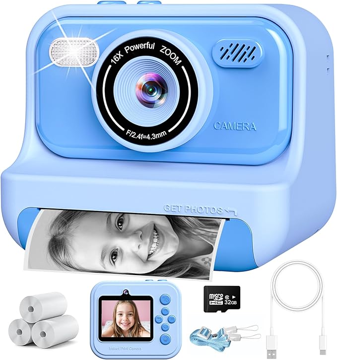 Kids Toys Instant Print Camera, Christmas Birthday Gifts for 3 4 5 6 7 8 9 10 Year Old Boys and Girls, 2.4 Inch Screen Kids Instant Cameras, Portable Toddler Travel Toys, Blue