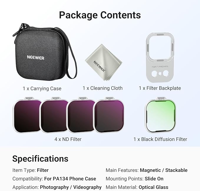 NEEWER ND Filter Set Only for PA134 Phone Case Compatible with iPhone 17 Pro Max, Neutral Density ND8/16/32/64 + Black Diffusion 1/4 + Magnetic Backplate, Lens Filter Accessories Kit, Silver
