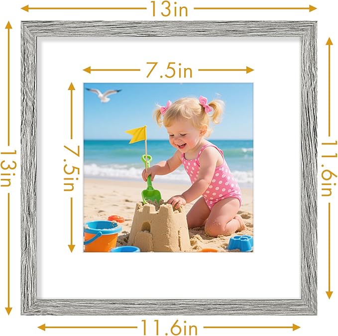 Vittanly 12x12 Picture Frame, Made of Solid Wood and Shatterproof Plexiglass, Display Pictures 8x8 with Mat or 12x12 without Mat, Wooden Photo Frame for Wall Mounting, Grey, 1 Pack