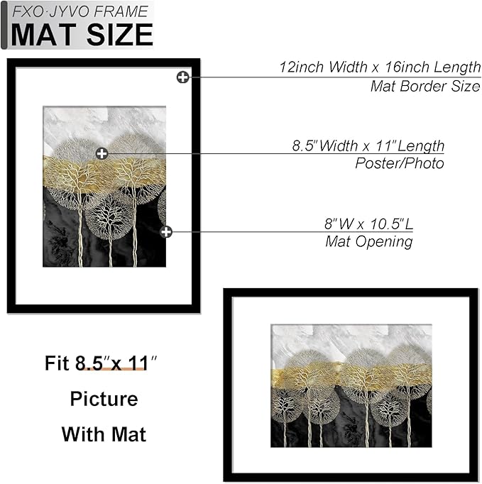 12x16 Picture Frame, Display Poster 8.5x11 with Mat or 12 x 16 Without Mat, Light Weight and High Transparent 12 by 16 Frame for Wall - 1 Pack/Black/12 x16