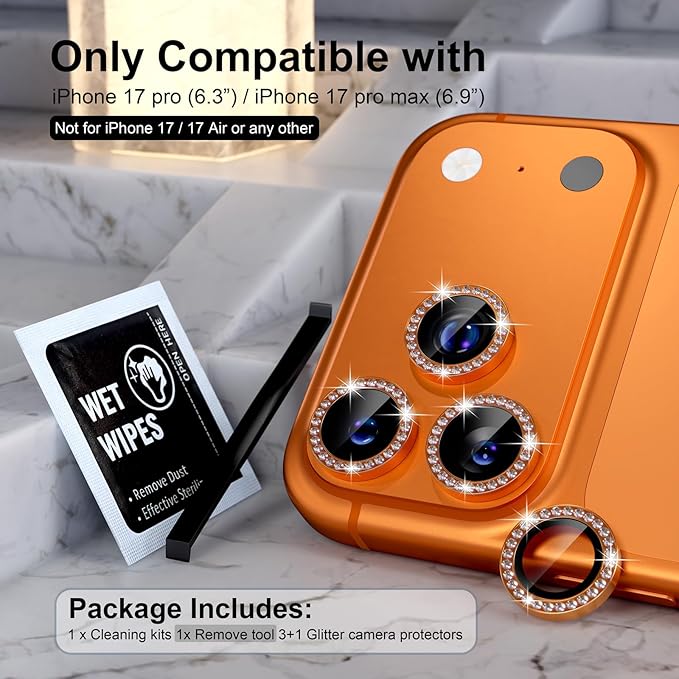 Choiche Compatible for iPhone 17 Pro/iPhone 17 Pro Max Camera Lens Protector Bling, 9H Tempered Glass Camera Cover Screen Protector Metal Ring Decoration Accessories (Diamond-Orange)