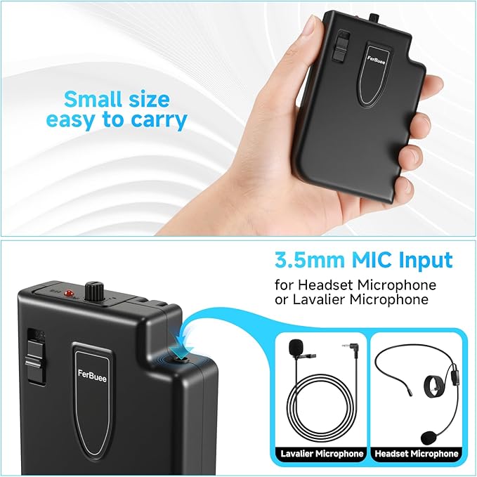 Wireless Microphone System with Headset Mic & Lavalier Lapel Mic, Portable Cordless Microphone Set, Bodypack Transmitter and Mini Receiver with 1/4'' & 1/8'' Plug, Ideal for Teaching, Speech