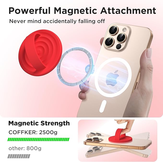Magnetic Phone Grip Ring Holder, Liquid Silicone Magnet Cell Phone Grip Finger Loop, Compatible with Magsafe, Back of Phone for iPhone 17/16/15/14/13/12 Series, Red
