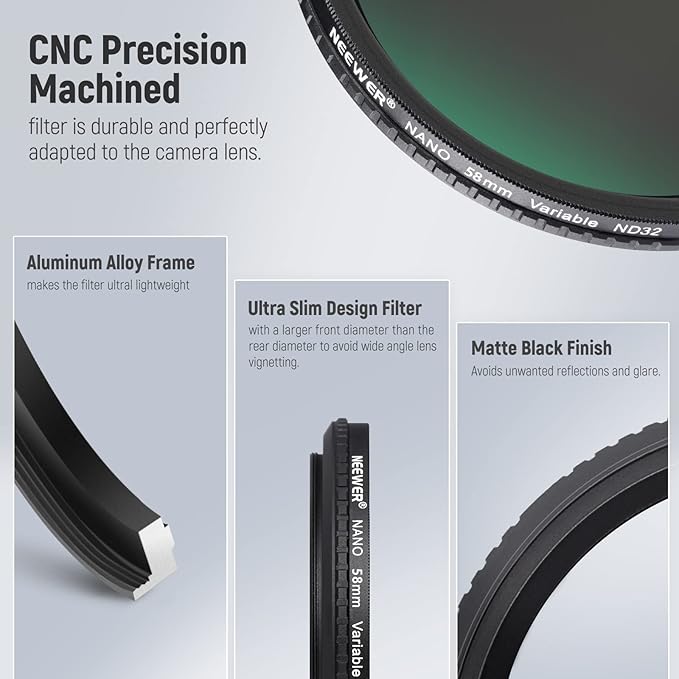 NEEWER 58mm HD Variable ND Filter ND2-ND32 (1-5 Stops) No X Cross/Optical Glass/30 Layer Nano Coated/Ultra Slim Aluminum Alloy Frame/Water Repellent/Anti Scratch Adjustable Neutral Density Filter