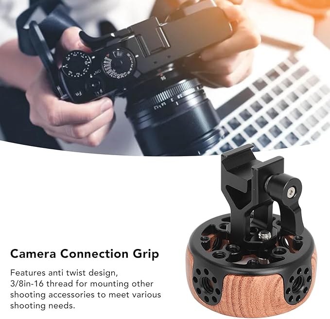 Round Side Camera Handle Handgrip, Wooden Quick Release Rail Rod Clamp, Ergonomic Hollowed Out Design, Aluminum Alloy with CNC Machining, for SLR Camera Mirrorless Camera Cage