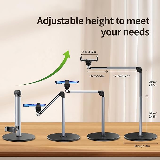 yAyusi Heavy Duty Aluminum Overhead Tripod for iPhone, 13.7 in Long Overhead Phone Mount, Flexible Articulating Arm Phone Mount for Desk for Live Streaming, Meeting, Cooking
