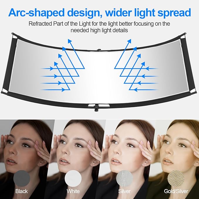 WELLMAKING Clamshell Light Reflector Diffuser with Carrying Bag, 71”×23”/180x60cm Photography Curved Lighting Reflector for Photo Studio Photography & Outdoor Lighting, Black/White/Gold/Silver Colors