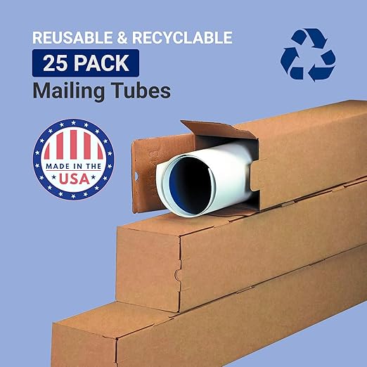 BOX USA Cardboard Box 18"L x 3"W x 3"H, Pack of 25 | Poster Tube for Mailing and Storage of Blueprints, Artwork, Crafts, Long Art Holder, 18 inches