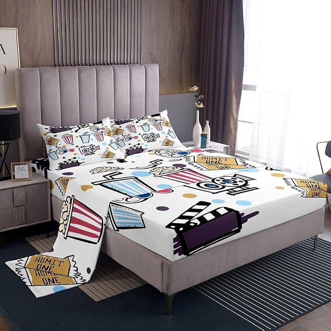 Movie Theme Sheet Set Home Theater Decor Bed Sheets Set for Family Kids Film Theme Decor Sheets Clapboard Popcorn Filmstrip Print Flat Sheet Home Movie Theater Room Decor Fitted Sheet Queen