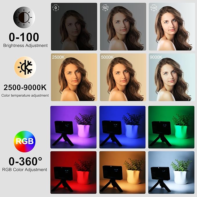 PULUZ 140 RGB Video Lights,Portable LED Camera Light Panel 0-360 Full Color with 1/4 Cold Shoe,CRI 95+ 2500-9000K LED 3000mAh Rechargeable DSLR Lighting for Photography,Video Conference,Vlogging