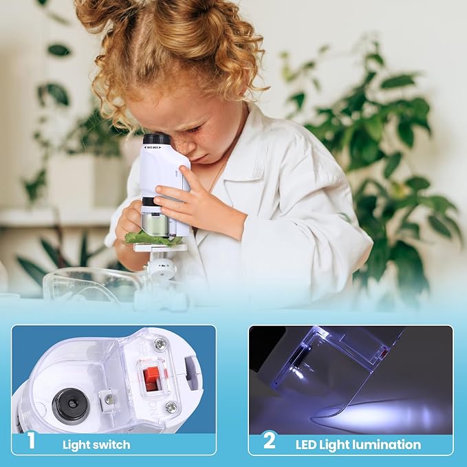Axlksia Mini Microscope for Kids and Adults, Handheld 60x-180x LED Lighted Pocket Microscope with 4 Slides for Student Science Lab Education (White)