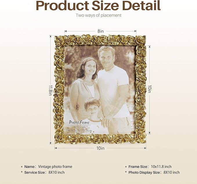 Cuspin 8x10 Picture Frame Vintage, Gold Ornate Rose Flower Resin Photo Frame with Glass Front for Wall Hanging or Tabletop Display, Antique Picture Frames for Home Decor