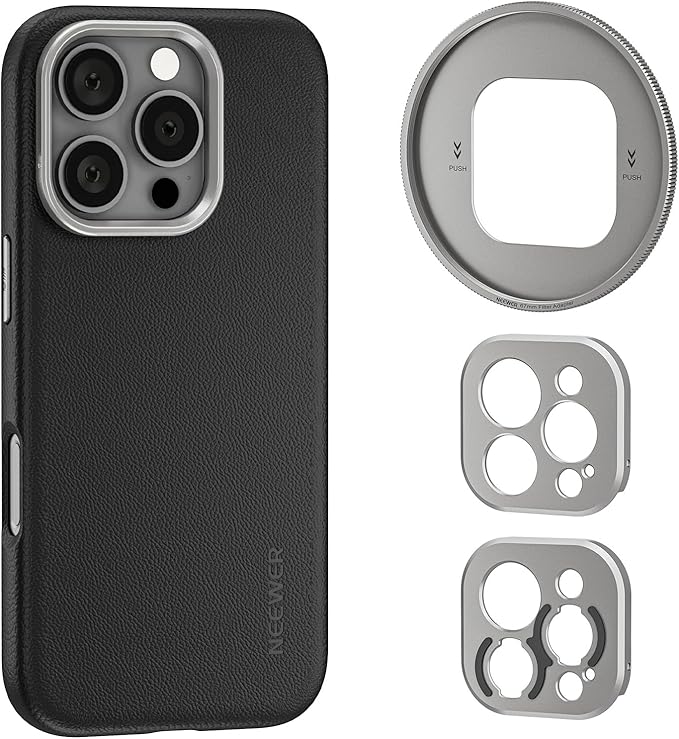 NEEWER Phone Case for 16 Pro, TPU/PC Nonslip Protective Phone Cover with Modular Backplates for 67mm Thread Filter/17mm Lens/T Mount Lens, Compatible with iPhone 16 Pro MagSafe Moment, PA083P Black