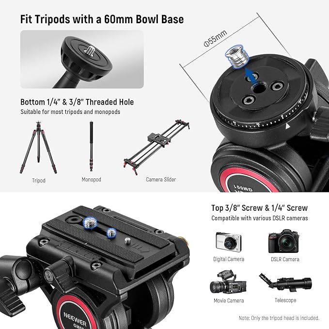 NEEWER Video Tripod Fluid Head with Quick Release Plate, Telescopic Handle & Panorama Scaled Base (⌀55mm), Max Load 13.2lb/6kg, Heavy Duty for DSLR Video Cameras, GM001