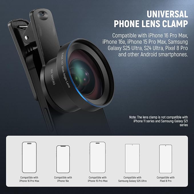 NEEWER Basics 2 in 1 Phone Camera Lens Accessories Kit, HD 0.45x Wide Angle + 15x Macro, 37mm Lens Clamp Compatible with iPhone Samsung Android Smartphone, LS-67