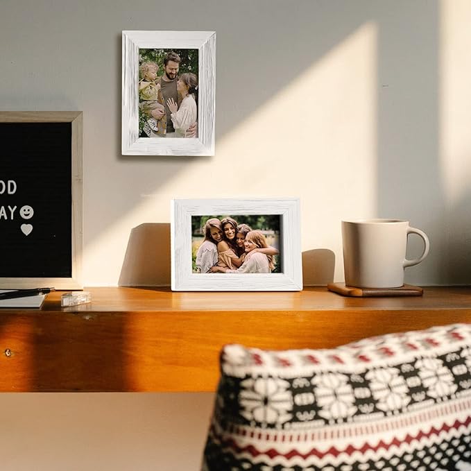 Wood Picture Frame 4 x 6 Retro White Photo Frames with Real Glass Solid Wooden Photo Frame Standing for Tabletop Hanging Wall Vintage Farmhouse Home Desk Office Decor Handmade Family Picture Frame Gift