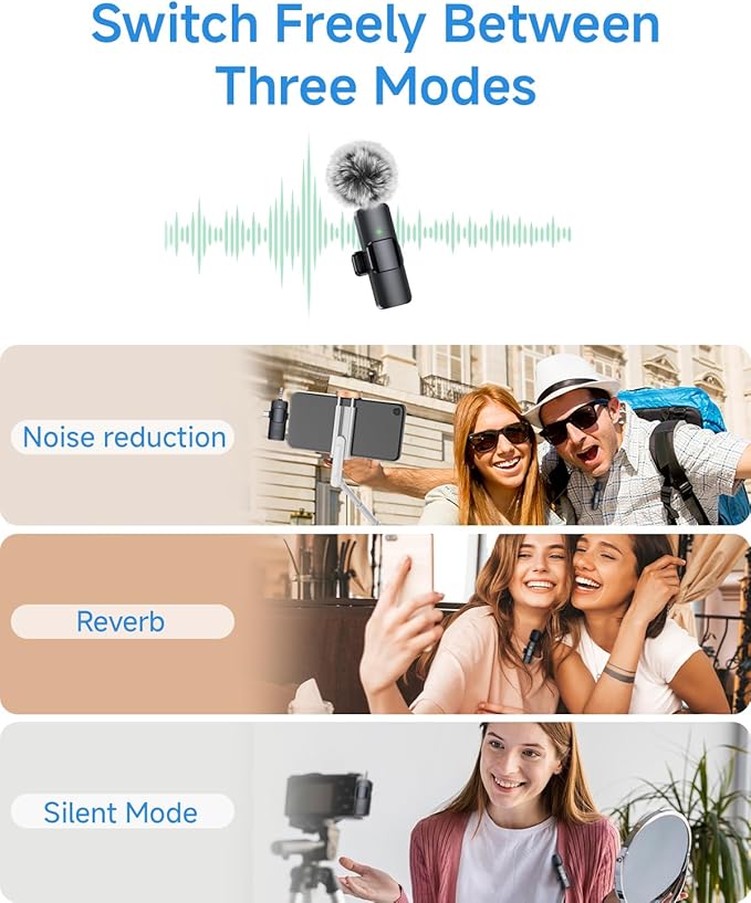 PQRQP Mini Microphone for iPhone - 3 in 1 Wireless Microphones for iOS/Android/Camera, Studio-Quality Audio, Plug & Play Clip Mic for Video Recording Podcast