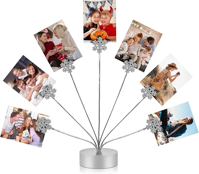 FaitAtten 7-Branch Family Desktop Photo Tree Holder Clip Round Base, Card Picture and Memo Desk Frame Display Stand for Wedding Party Christmas Photo Clip Holder Table Numbers (Snowflake)