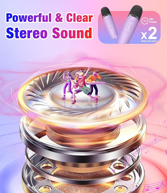 Mini Karaoke Machine, Portable Bluetooth Speaker with 2 Wireless Microphones for Kids & Adults, Karaoke Microphone with LED Lights, Gifts for Girls & Boys_Purple