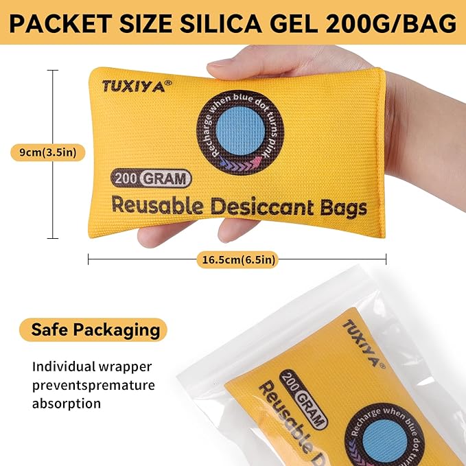 12 Pack(200g Each) Rechargeable Silica Gel Desiccant Packets,Color Indicating Desiccant Packs for Storage,Moisture Absorbers for Storage Bins,Suitcase,Safes,3D Filaments,Wet Zones and Cars