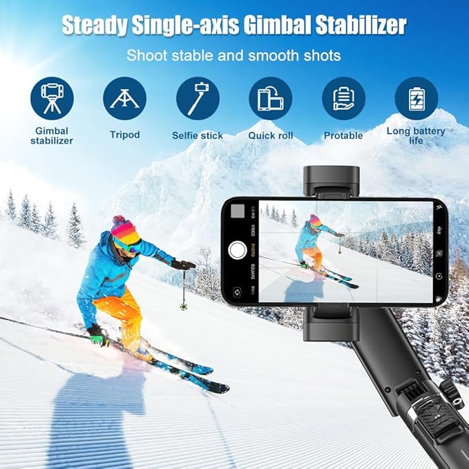 Smartphone Gimbal Stabilizer with Remote Control, Selfie Stick & Tripod, One-Touch Horizontal/Vertical Switch & 360° Automatic Rotation, Compatible with iPhone and Android