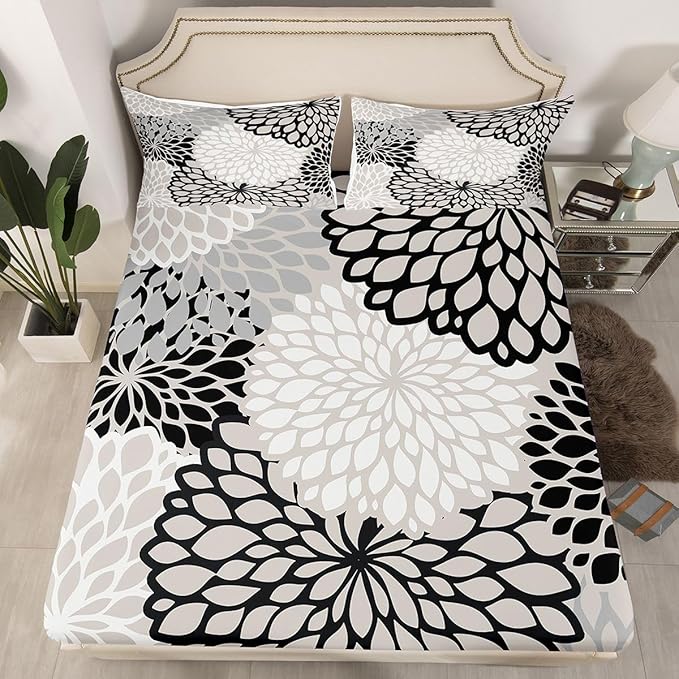 Aztec Dahlia Bed Sheets for Adult Women Girls Floral Sheet Set Queen Size,Mexican National Flower Fitted Sheet Modern Floral Design Flat Sheet All Season Bedding Bedroom Decor, Black White