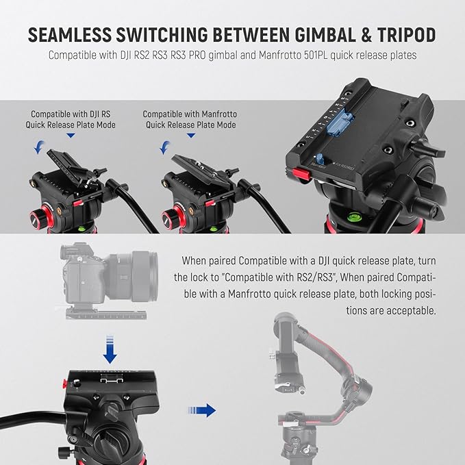 NEEWER Heavy Duty Video Tripod Fluid Head with Stepless Adjustable Pan/Tilt Damping, Quick Release Plate, Compatible with DJI RS Gimbals, Adjustable Handle, ⌀75mm Base, Max Load 22lb, GM006