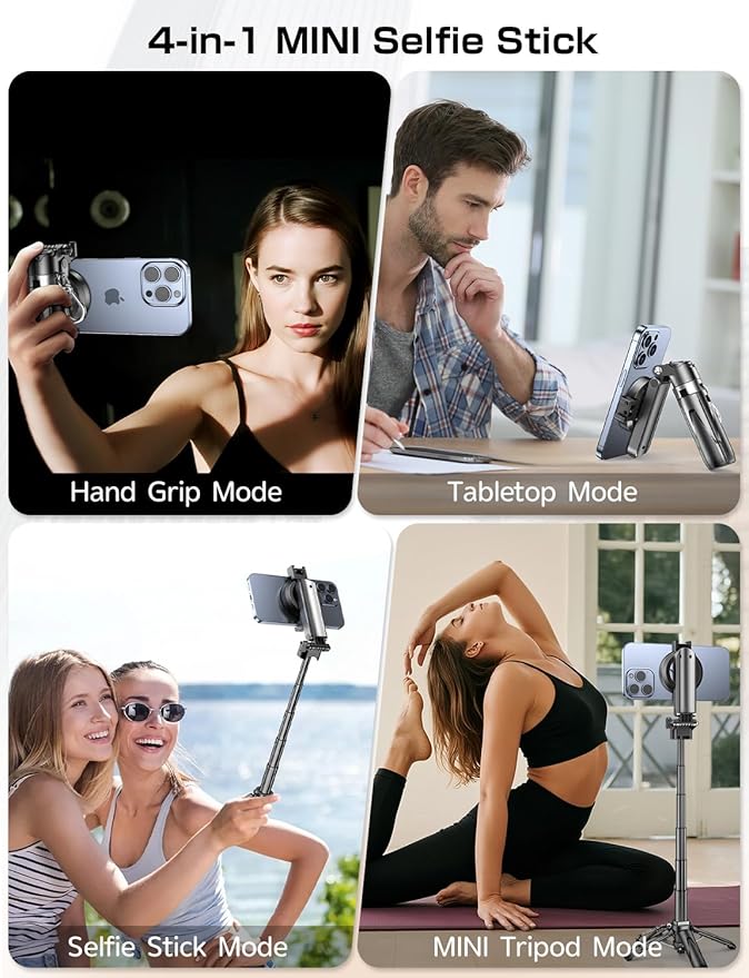 Selfie Stick for iPhone, Mini Tripod for MagSafe, Portable 4-in-1 Phone Tripod Stand with Remote & Cold shoe Mounts, Fit All 4.7" to 7" Phones for Travel Vlog Photography Video Recording