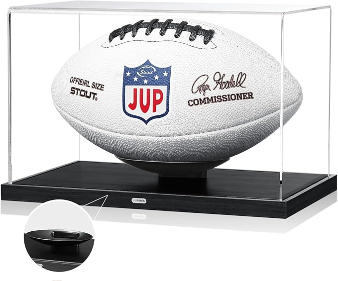 JupDec Football Display Case Full Size, Upgraded Clear Acrylic Box with Curved Cradle Holder & Solid Wood Base, Fits All Football Sizes, UV Protected Memorabilia Display for Collectors, Black