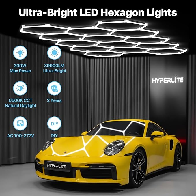 HYPERLITE Gen 2 Hexagon Garage Lights: 399W 39900LM 14 Grids Hexagon Led Light, 6500K Ultra Bright Honeycomb Hex Lights, Easy Install, Durable Design for Garage, Car Detailing, Workshops, Shops, Gym