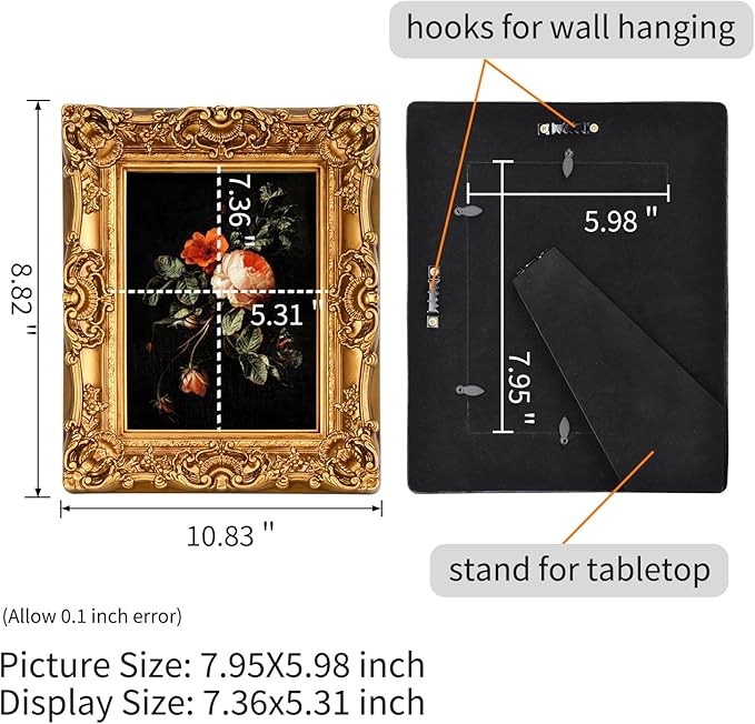 6X8 Vintage Picture Frame, Ornate Gold Baroque Antique Style with Glass Front, 6 X 8 Photo Frame for Tabletop Wall Hanging Display
