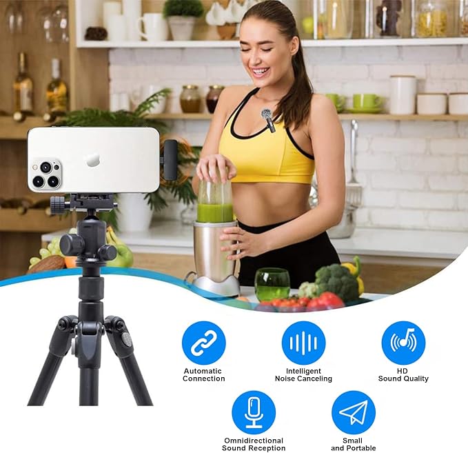 Wireless Lavalier Microphone for iPhone - Android, iPad, Tablets, Bluetooth Mini Microphone with Noise Canceling,82FT Transmission,6H Battery Life, Professional Lapel Mic for Video Recording