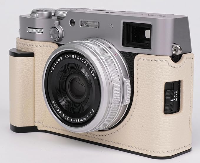 Camera Case for Fujifilm X100VI,UChandmade Genuine Leather Camera Half Case for Fujifilm X100VI - Top Layer Cowhide Body Metal Base Plate Hand Shank 3-in-1 Design (Creamy White)